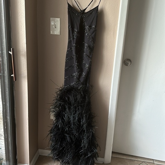 BEBE Beaded Feather Black Long Evening Dress - Picture 5 of 10